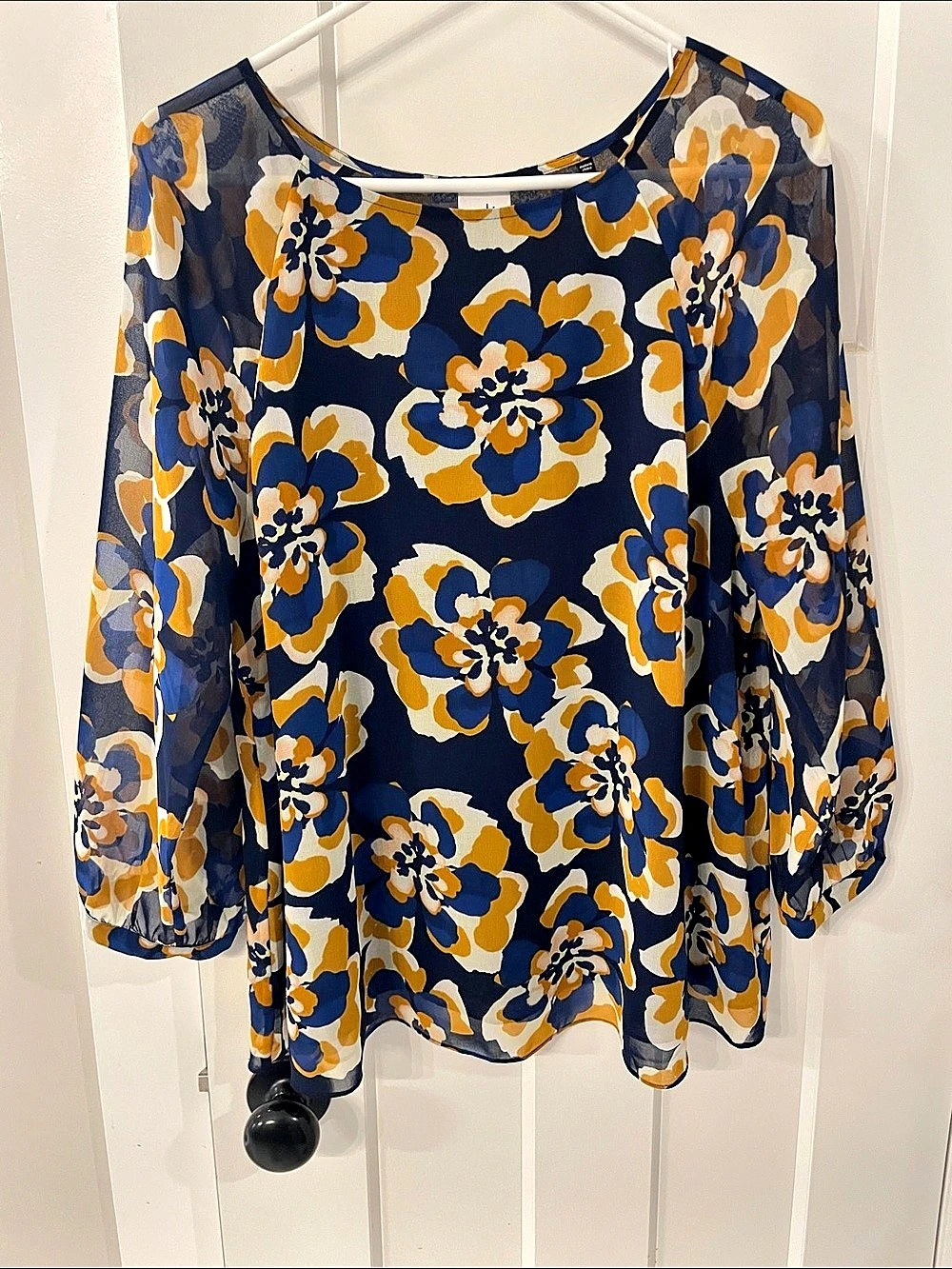 Cabi Lydia Blouse Floral Blue & Yellow Size Large